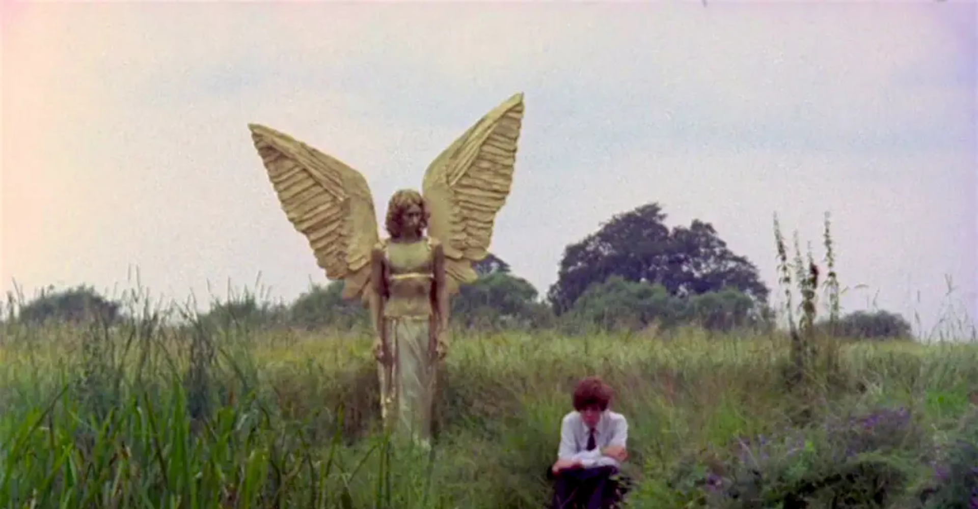 Man sitting in field with angel standing looking at him